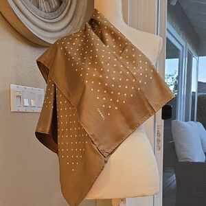 CHANEL Tan Silk Scarf with Cream Dots